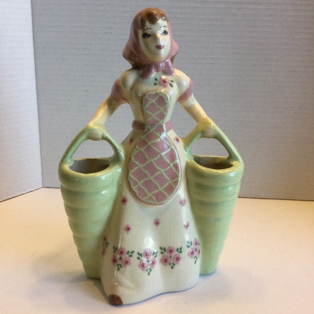Vintage Weil Ware California Pottery Maiden Carrying Wicker Basket Figurine Vase